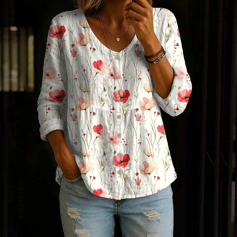 Vintage Watercolor Wildflowers Field Poppies Art Print Button V-neck A-line Long Sleeve Blouse - White - 4XL - image 1