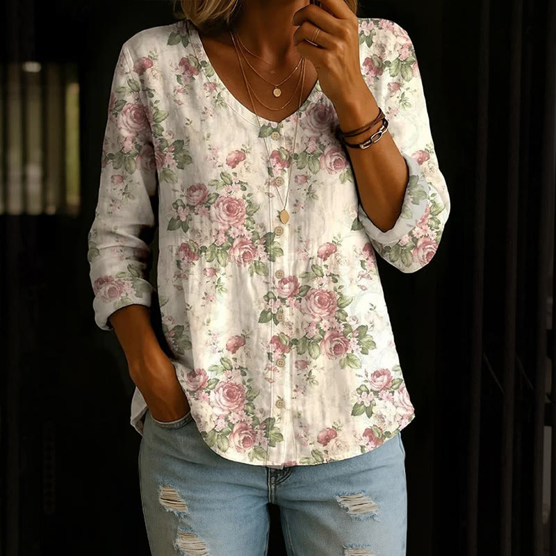 Vintage  Clusters Of Wild Roses Art Print Button V-neck A-line Long Sleeve Blouse - Apricot - 4XL - image 1