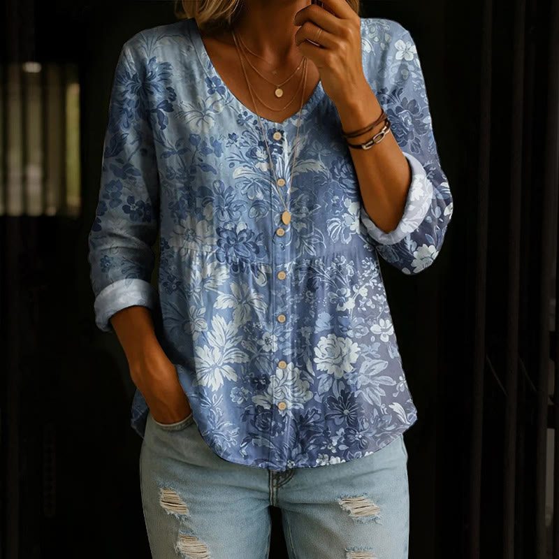 Vintage Roses Floral Silhouette Gradient Art Print Button V-neck A-line Long Sleeve Blouse - Dark Blue - 4XL - image 1