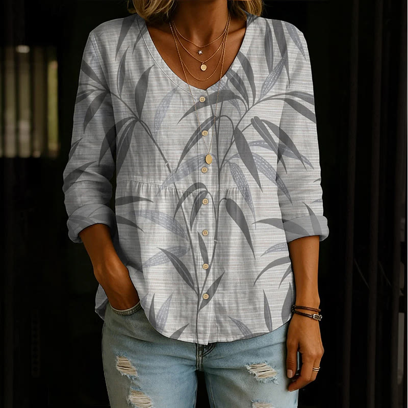 Vintage Bamboo Leaf Silhouette Art Print Button V-neck A-line Long Sleeve Blouse - Grey - 4XL - image 1