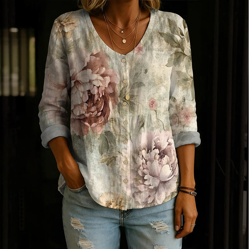 Vintage Watercolor Old Roses Art Print Button V-neck A-line Long Sleeve Blouse - Apricot - 4XL - image 1