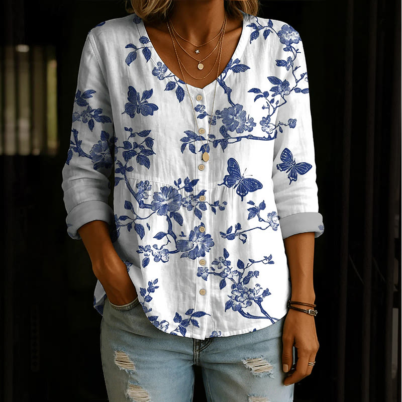 Vintage Butterflies And Floral Silhouettes Art Print Button V-neck A-line Long Sleeve Blouse - White - 4XL - image 1