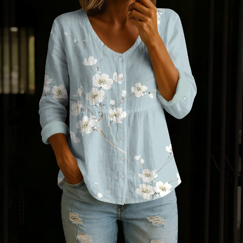 Vintage Sakura Cherry Blossoms Art Print Button V-neck A-line Long Sleeve Blouse - Light Blue - 4XL - image 1