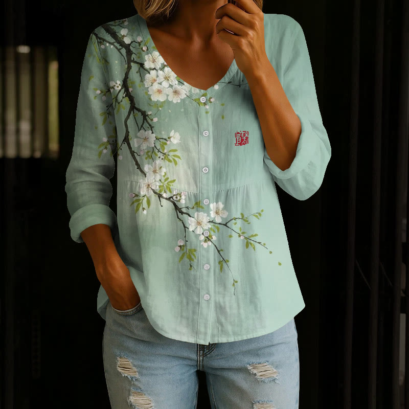 Japanese Vintage A Sprig Of White Cherry Blossoms Art Print Button V-neck A-line Long Sleeve Blouse - Light Green - 4XL - image 1