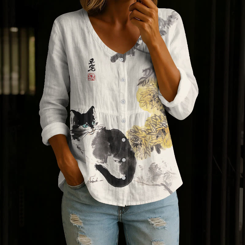 Vintage Sumi-e Cat And The Chrysanthemum Art Print Button V-neck A-line Long Sleeve Blouse - Apricot - 4XL - image 1