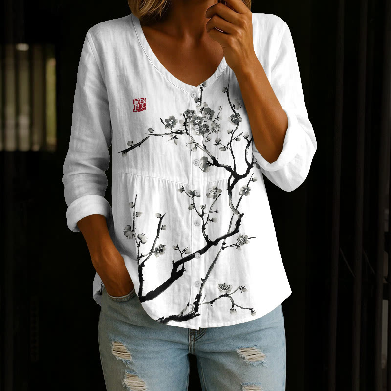 Vintage Sumi-e Plum Bossom Art Print Button V-neck A-line Long Sleeve Blouse - White - 4XL - image 1