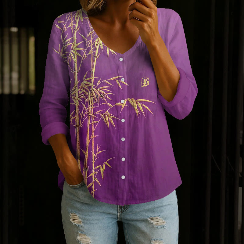 Vintage Gold Leaf Bamboo Art Print Button V-neck A-line Long Sleeve Blouse - Purple - 4XL - image 1