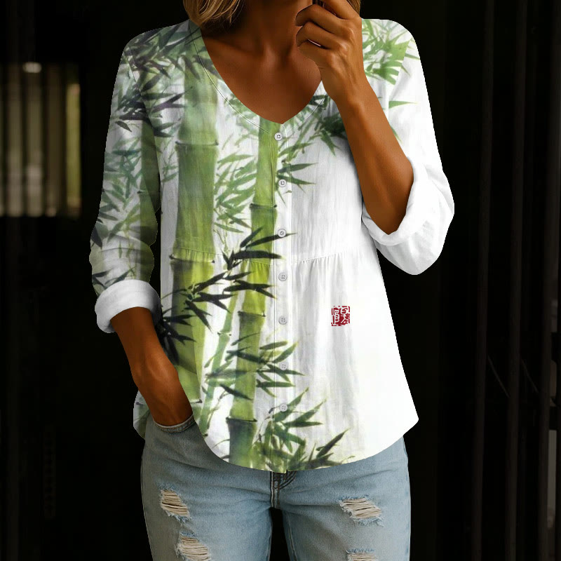 Vintage Sumi-e Emerald Bamboo Art Print Button V-neck A-line Long Sleeve Blouse - White - 4XL - image 1