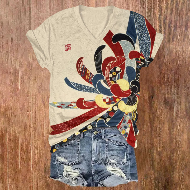 Japanese Vintage Traditional Chrysanthemum Motif Pattern Print Short Sleeved V-neck T-shirt - Apricot - US32-34(5XL) - image 1