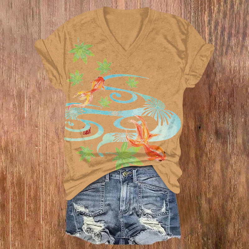 Japanese Vintage  Goldfishes And Maple Leaves Pattern Print Short Sleeved V-neck T-shirt - Yellow - US32-34(5XL) - image 2