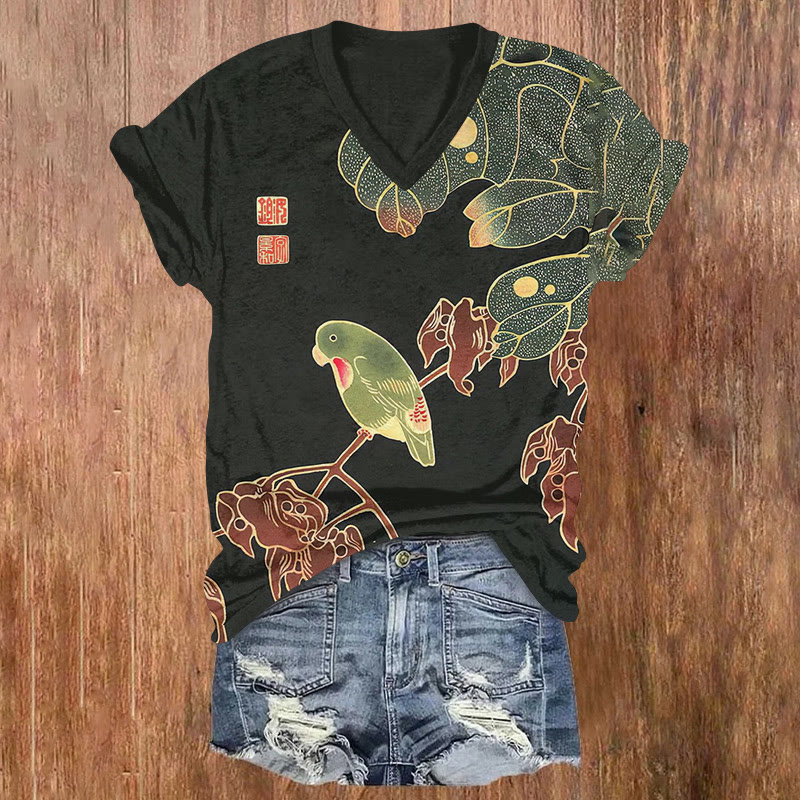 Japanese Vintage Parrot Pattern Print Short Sleeved V-neck T-shirt - Black - US32-34(5XL) - image 2