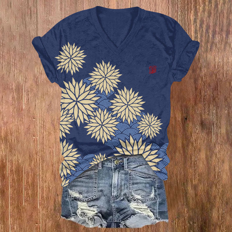 Japanese Vintage Chrysanthemum Water Ripple Pattern Print Short Sleeved V-neck T-shirt - Blue - US32-34(5XL) - image 2