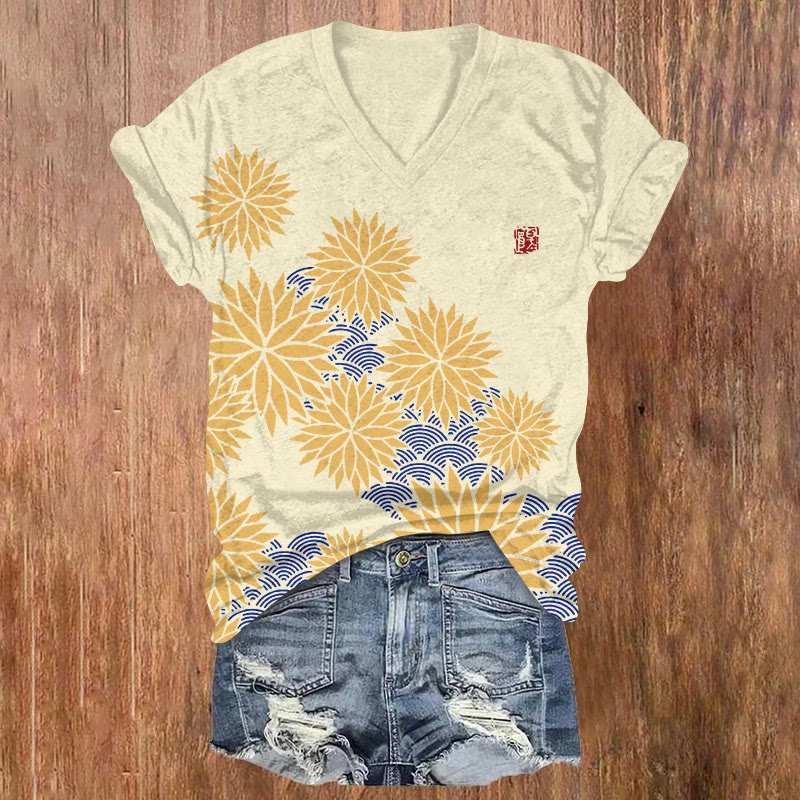 Japanese Vintage Chrysanthemum Water Ripple Pattern Print Short Sleeved V-neck T-shirt - Yellow - US32-34(5XL) - image 1