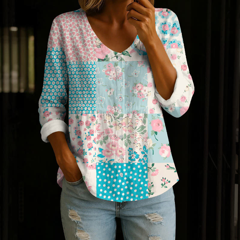 Pastoral Romantic Floral Patchwork Print Button V-neck A-line Long Sleeve Blouse - Blue - 4XL - image 2