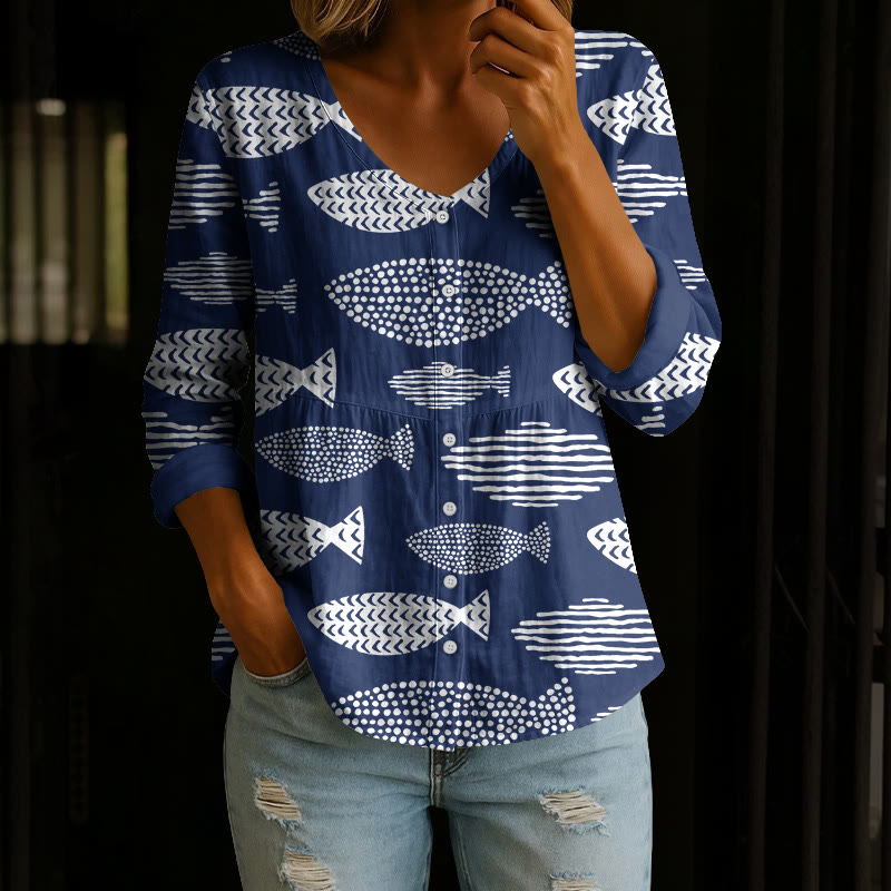 Minimalist Geometric Fish Print Button V-neck A-line Long Sleeve Blouse - Blue - 4XL - image 3