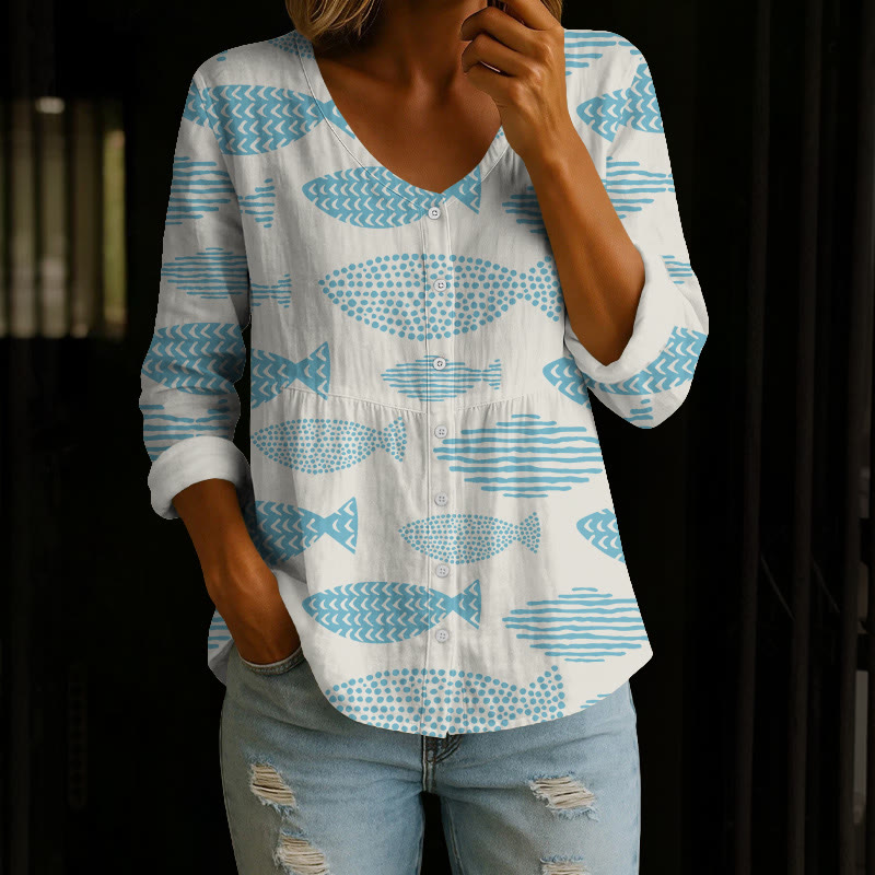 Minimalist Geometric Fish Print Button V-neck A-line Long Sleeve Blouse - Apricot - 4XL - image 2