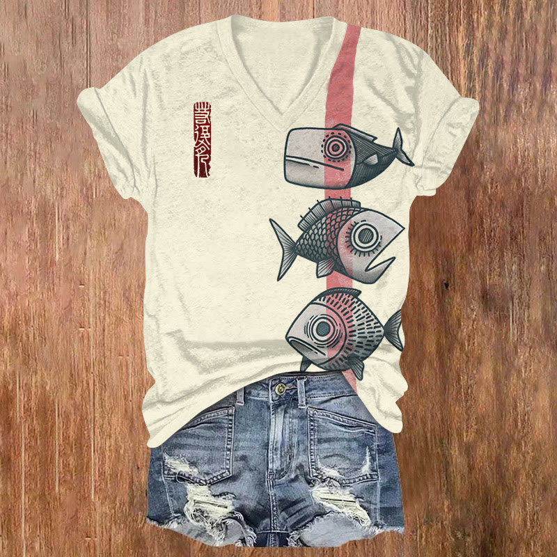 Three Simple Japanese-style Fish Sketches Printed Short Sleeved V-neck T-shirt - Apricot - US32-34(5XL) - image 1