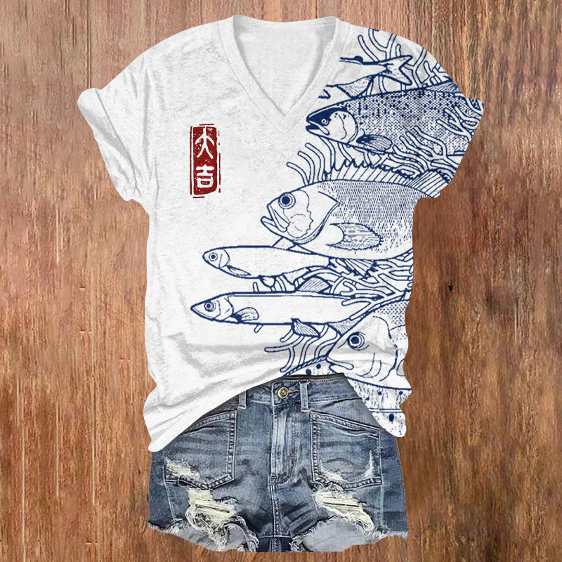 Japanese-style Simplified School Of Fish Printed Short Sleeved V-neck T-shirt - Light Gray - US32-34(5XL) - image 1