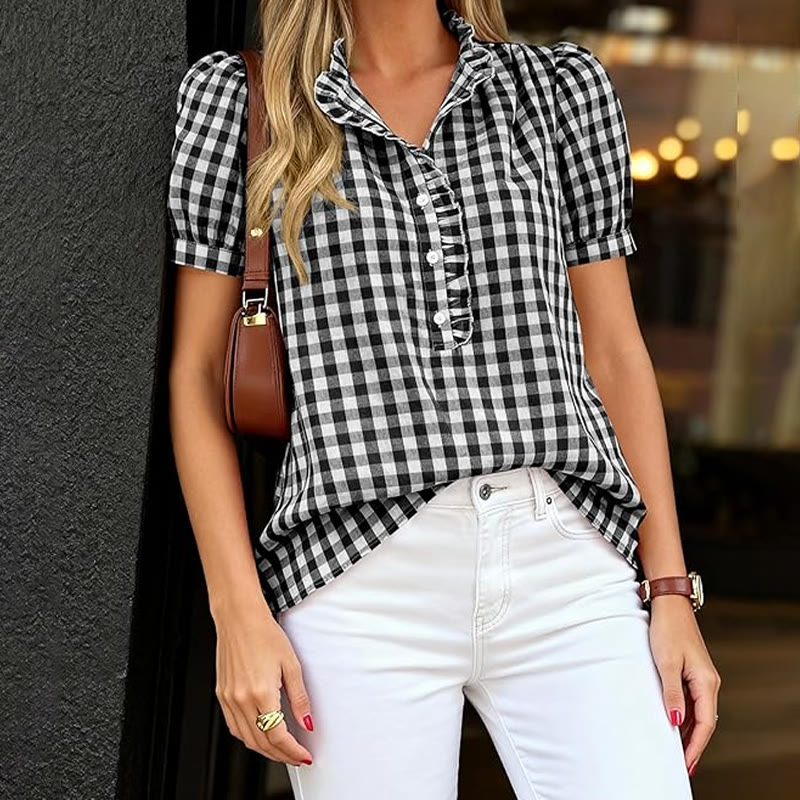 Elegant Plaids And Stripes Ruffled Half-placket Puff-sleeve Shirt - Black - 4XL - image 2