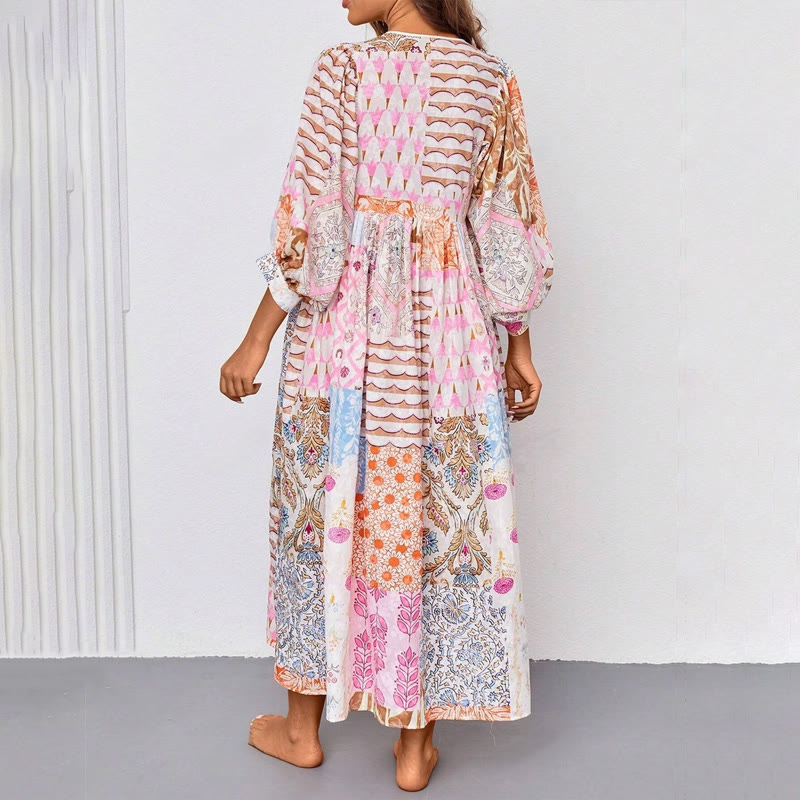 Boho Ethnic Patchwork Patterns Lace-up V-neck Lantern Sleeves Maxi Dress - image 2