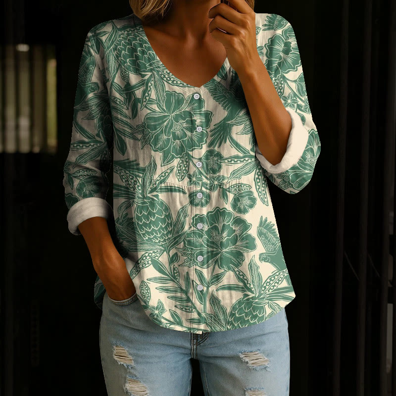 Vintage Pineapple & Flowers Print Button V-neck A-line Long Sleeve Blouse - Green - 4XL - image 2
