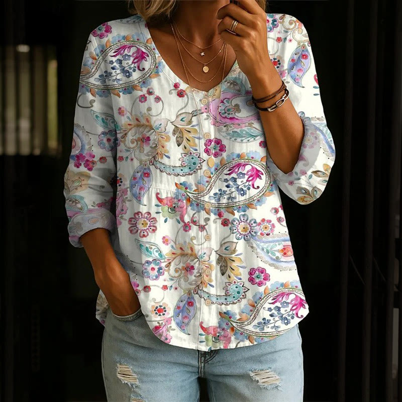 Vintage Watercolor Paisley Art Print Button V-neck A-line Long Sleeve Blouse - White - 4XL - image 1