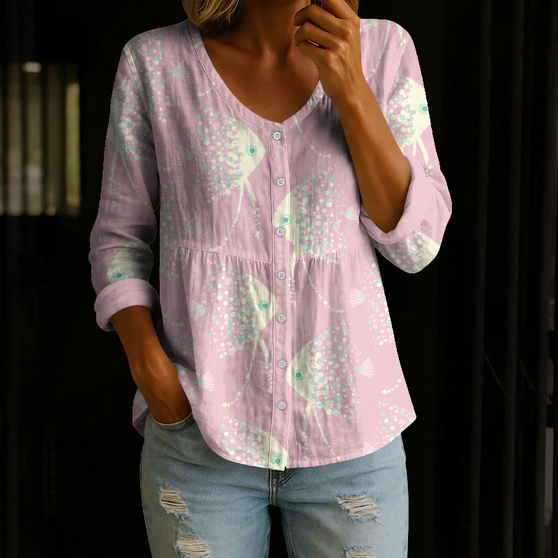 Creative Polka Dots Fish Print Button V-neck A-line Long Sleeve Blouse - Pink - 4XL - image 2