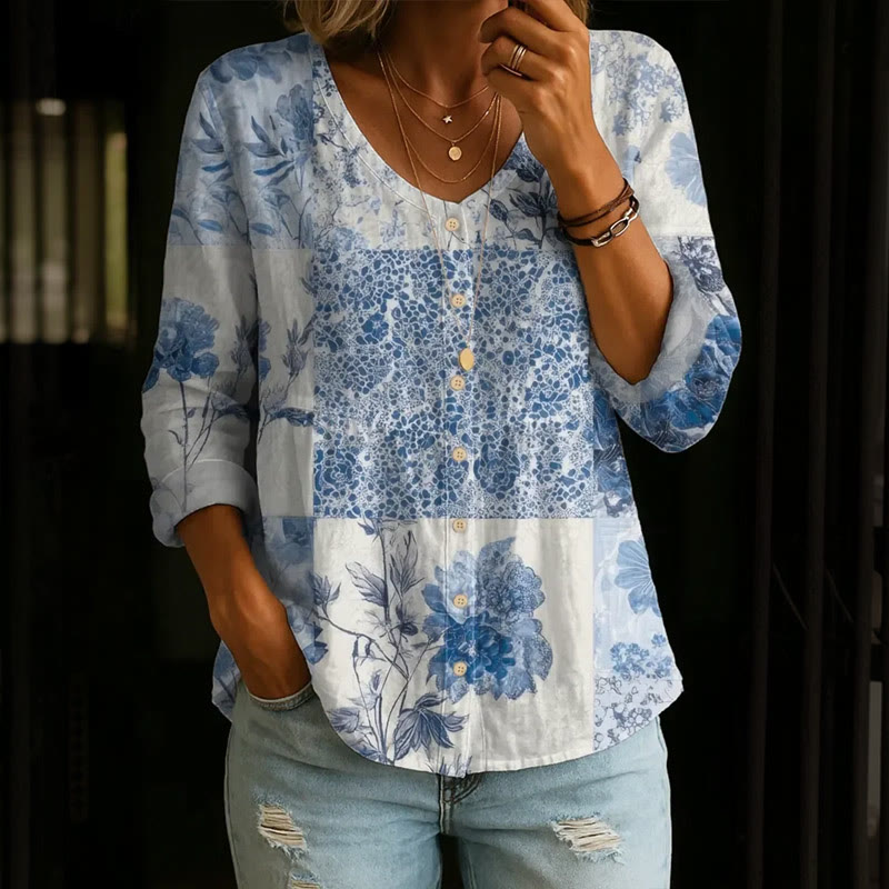 Vintage Floral Silhouette Patchwork Art Print Button V-neck A-line Long Sleeve Blouse - White - 4XL - image 1