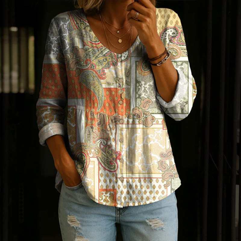 Boho Vintage Ethnic Paisley Patchwork  Print Button V-neck A-line Long Sleeve Blouse - Orange - 4XL - image 1