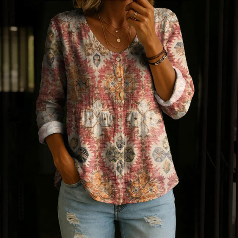 Vintage Ethnic Geometry Print Button V-neck A-line Long Sleeve Blouse - Red - 4XL - image 1