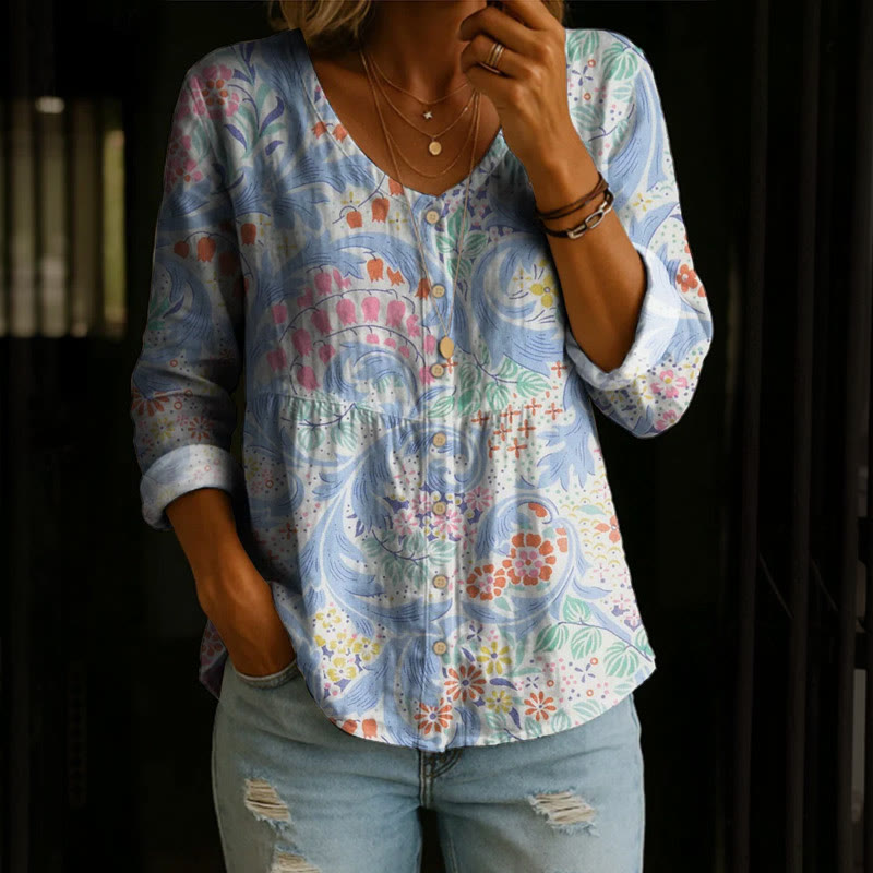 Vintage Ethnic Flowers Garden Print Button V-neck A-line Long Sleeve Blouse - Light Blue - 4XL - image 1