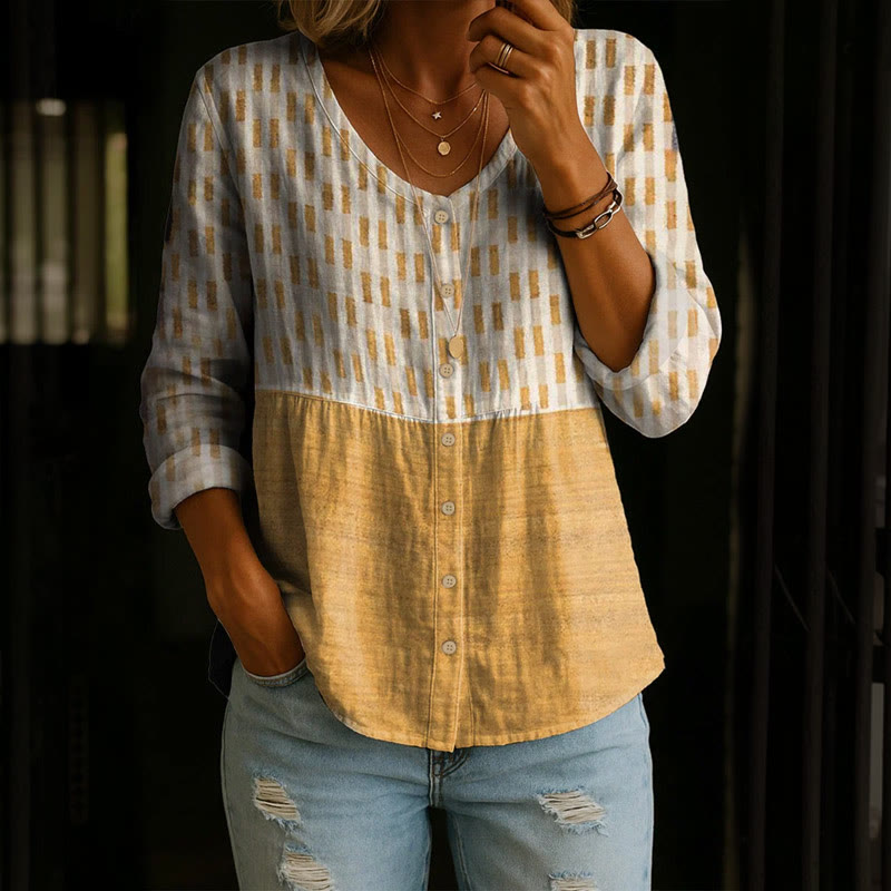 Vintage Elegant Rational Geometry Pattern Print Button V-neck A-line Long Sleeve Blouse - Yellow - 4XL - image 1