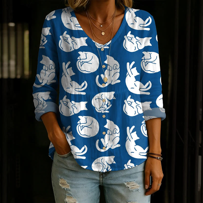 Japanese-style Cute Cats Silhouettes Pattern Print Button V-neck A-line Long Sleeve Blouse - Dark Blue - 4XL - image 1