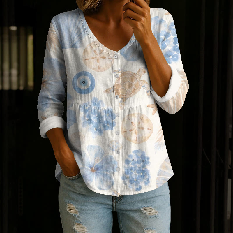 Ocean Watercolor Sea Turtle And Jellyfish Pattern Print Button V-neck A-line Long Sleeve Blouse - White - 4XL - image 1