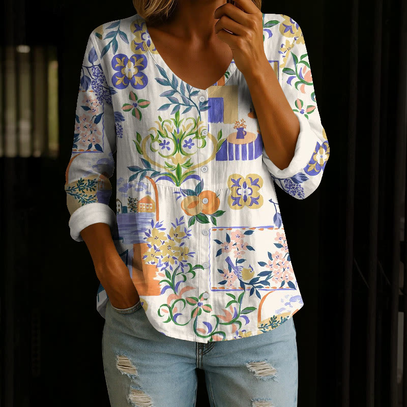Beach Vacation Tropical Plants Pattern Print Button V-neck A-line Long Sleeve Blouse - White - 4XL - image 1