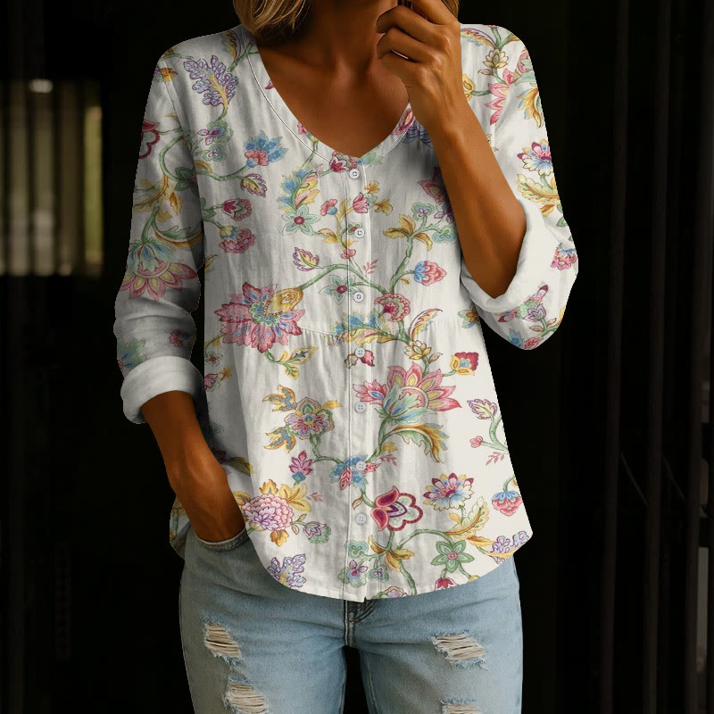 Boho Vintage  Ethnic Wildflowers Pattern Print Button V-neck A-line Long Sleeve Blouse - Apricot - 4XL - image 1
