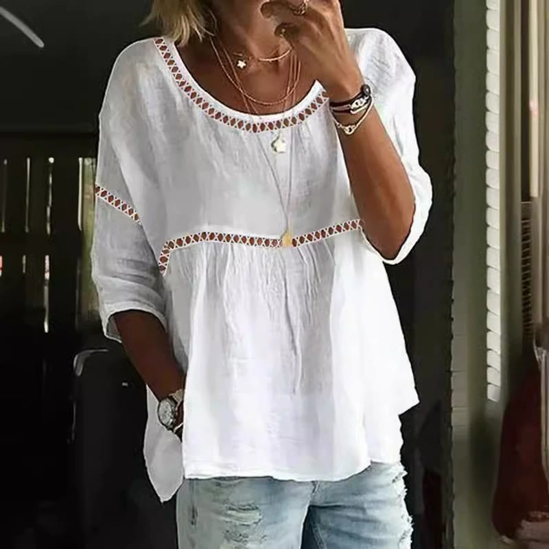 Simple Openwork Lace Splicing Round Neck  3/4 Sleeve Blouse - White - 2XL - image 1