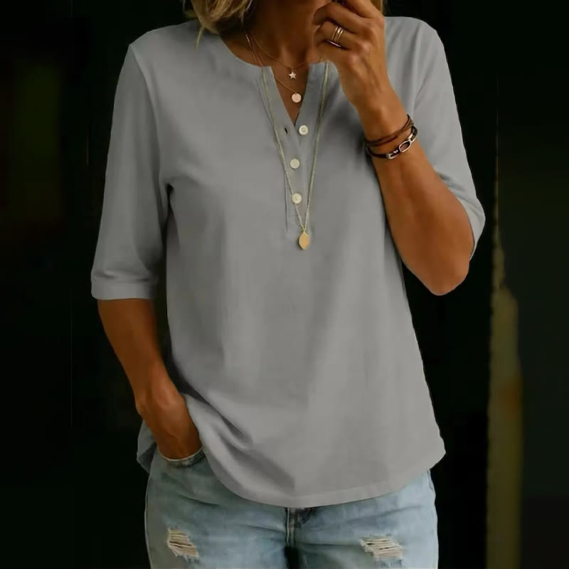 Simple Cozy Henley-collar Mid-sleeve Cotton T-shirt - Grey - US32-34(5XL) - image 3