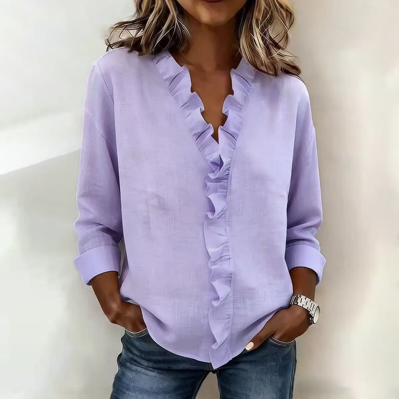 Elegant Cozy Solid Overlapping Ruffle V-neck Long-sleeve Blouse - Light Purple - 3XL - image 2