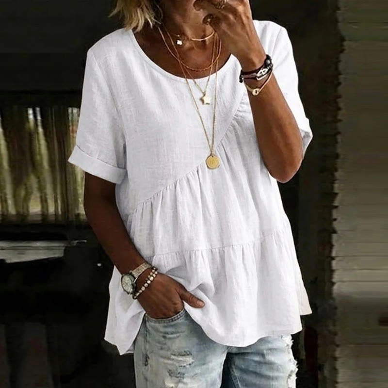 Elegant Solid Round Neck Short-sleeve Asymmetrical Ruffle Hem Blouse - White - 3XL - image 1