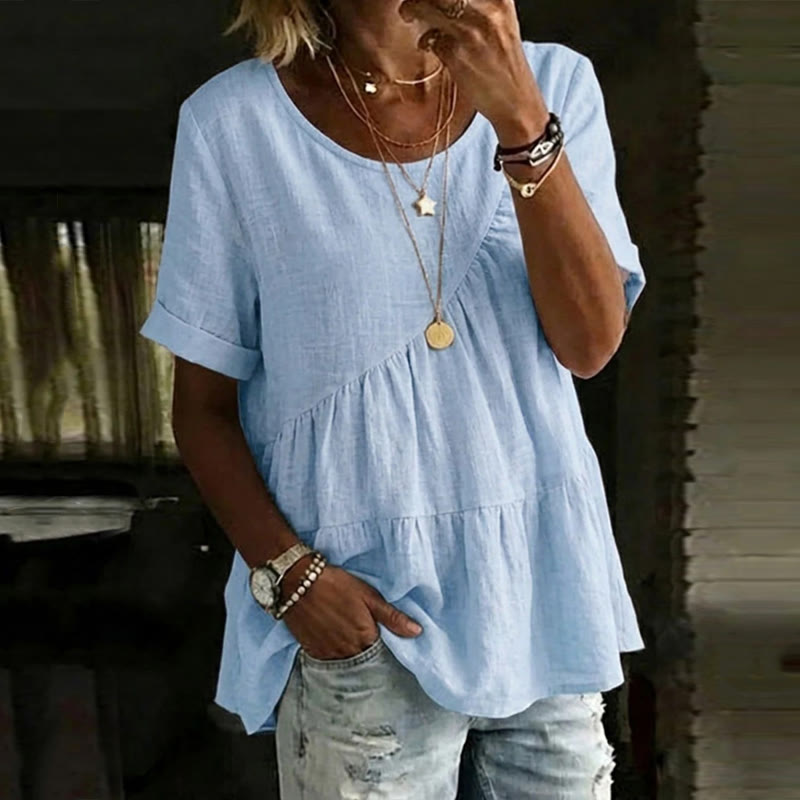 Elegant Solid Round Neck Short-sleeve Asymmetrical Ruffle Hem Blouse - image 7