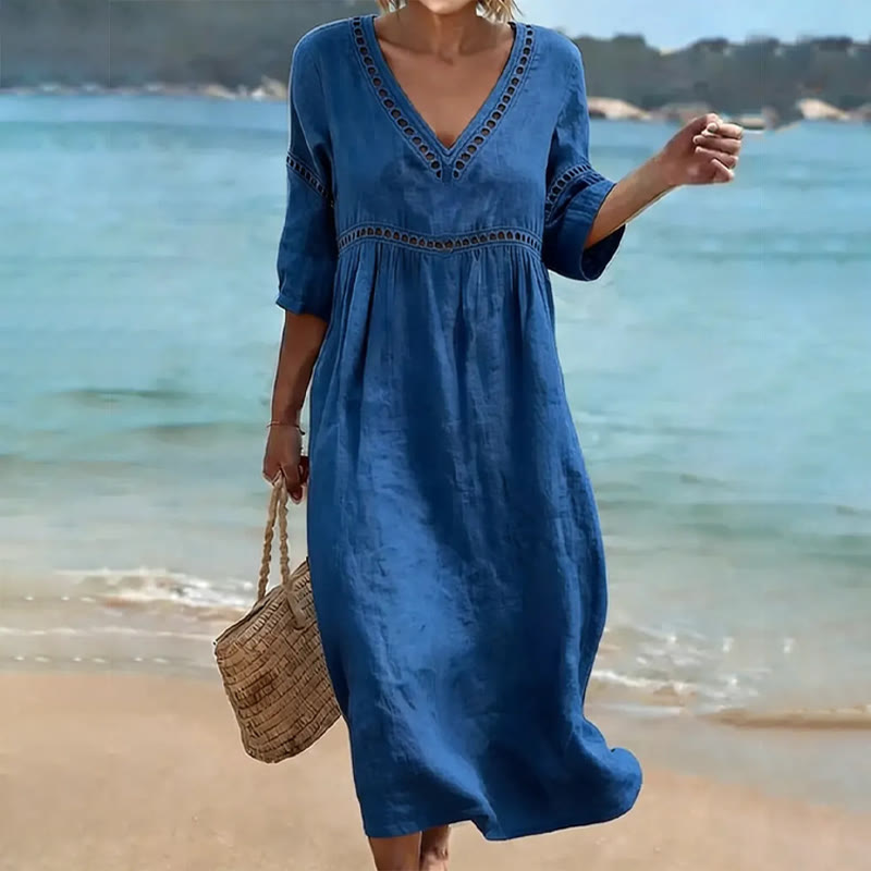 Elegant Solid Openwork Lace V-neck Half Sleeve Maxi Dress - Dark Blue - 3XL - image 2