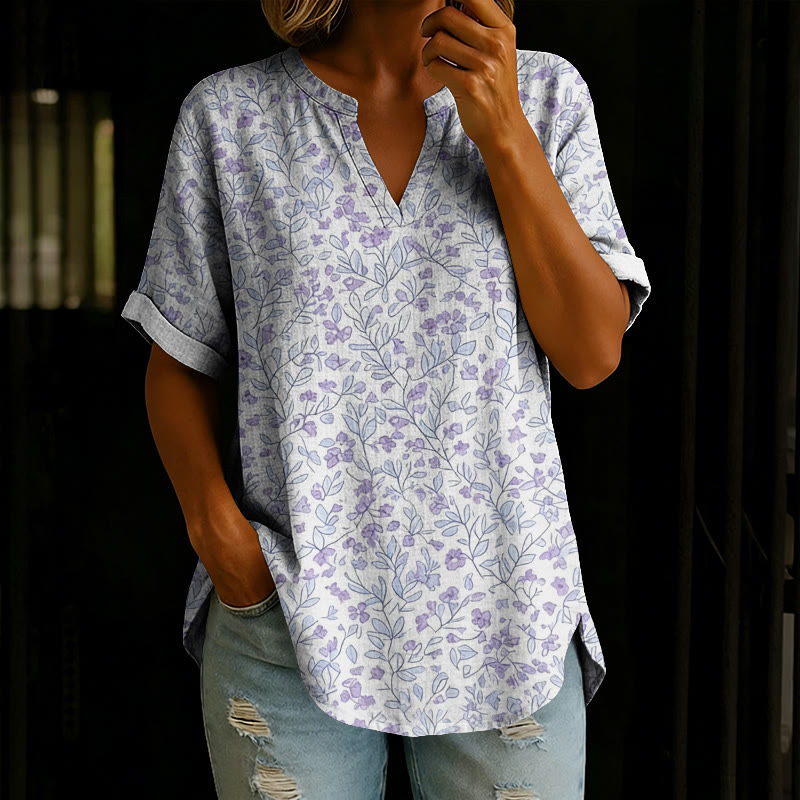 Elegant Minifloral Print Short Sleeve Casual Blouse - Light Purple - 5XL - image 1
