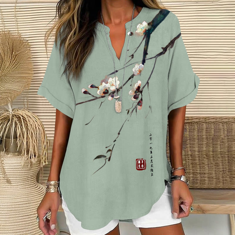 Vintage Plum Blossom Art Print Short Sleeve Casual Blouse - Green - 5XL - image 2