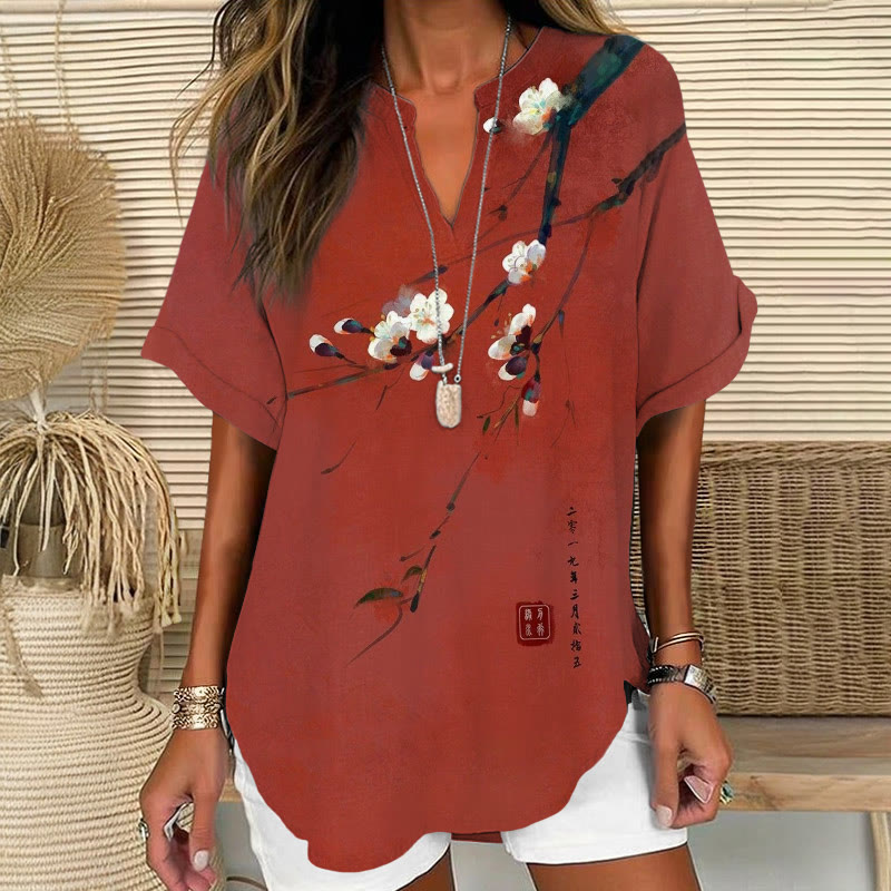 Vintage Plum Blossom Art Print Short Sleeve Casual Blouse - Red - 5XL - image 1