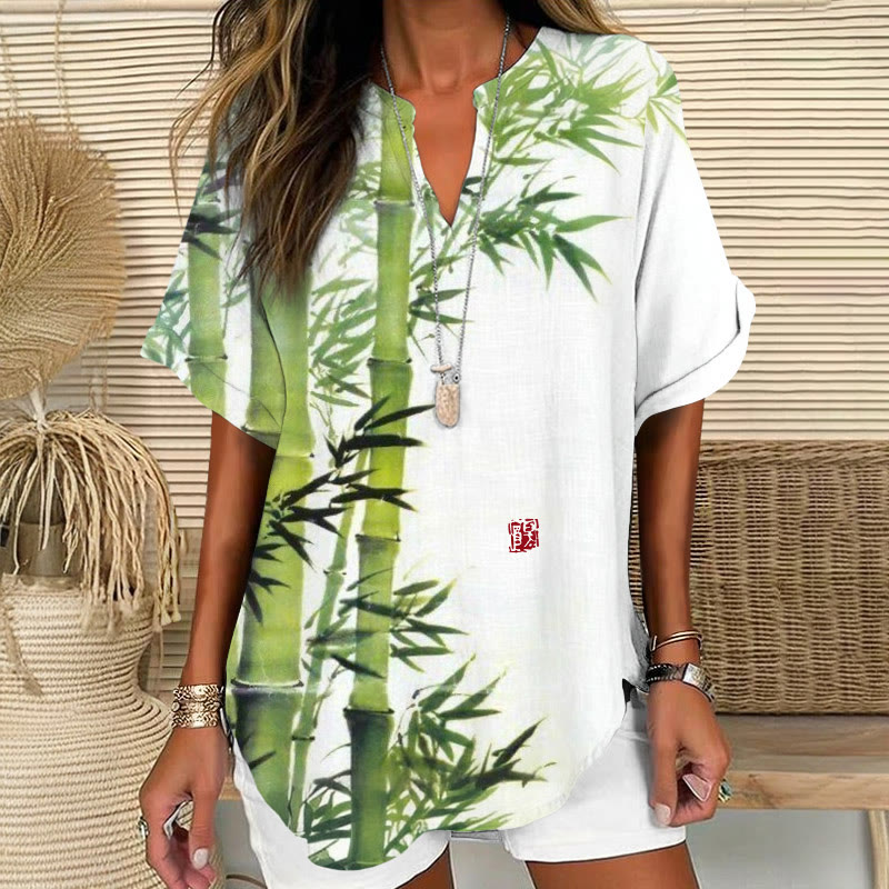  Vintage Sumi-e Emerald Bamboo Art Print Short Sleeve Casual Blouse - White - 5XL - image 1