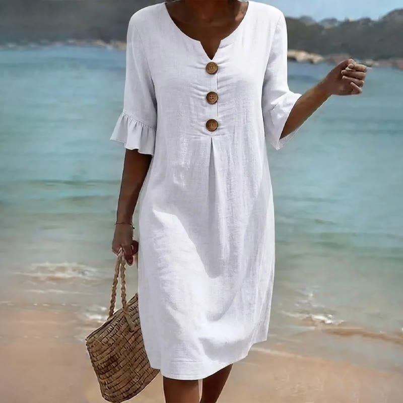 Elegant Cozy Solid Notched Collar Button Ruffled Half Midi Dress - White - 3XL - image 1