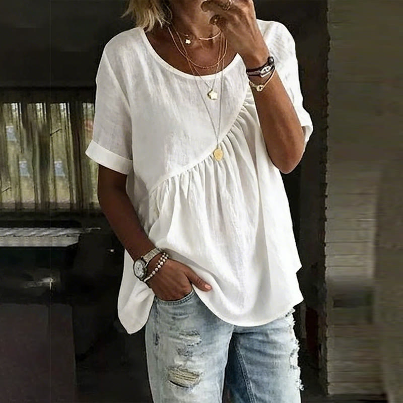  Elegant Solid Irregular Cut Ruffled Hem Round Neck Short-sleeve Blouse - White - 3XL - image 2