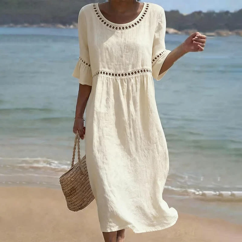 Elegant Solid Openwork Lace Round Neck Ruffles Half Sleeve Midi Dress - Beige - 3XL - image 1
