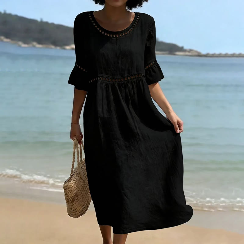 Elegant Solid Openwork Lace Round Neck Ruffles Half Sleeve Midi Dress - Black - 3XL - image 2